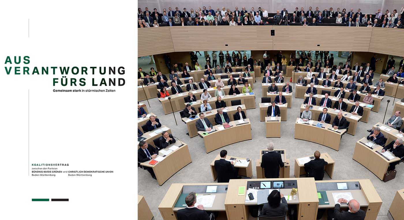 Koalitionsvertrag und Plenarsitzung im Landtag Baden-Württemberg.